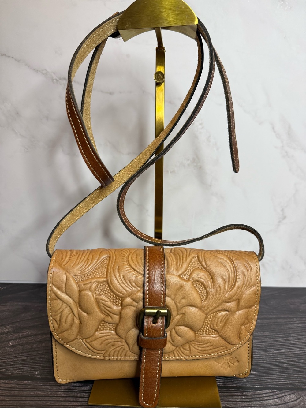 Patricia Nash Italian Leather Tooled Floral Tan Crossbody Bag